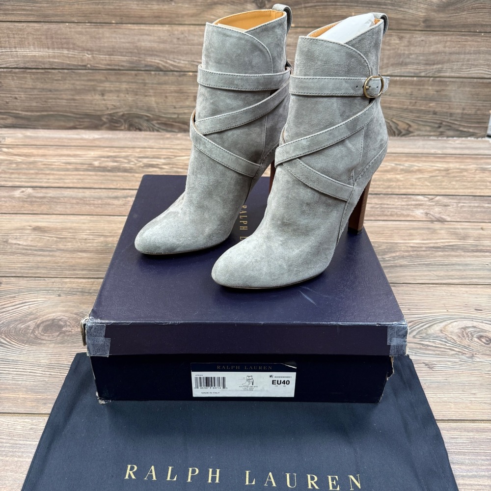 Ralph Lauren Purple Label Kourtney Gray Suede Buckle Strap Ankle Boots 40.0 NEW